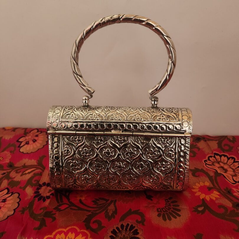 Vintage-Toned Brass Carved Clutch for Women