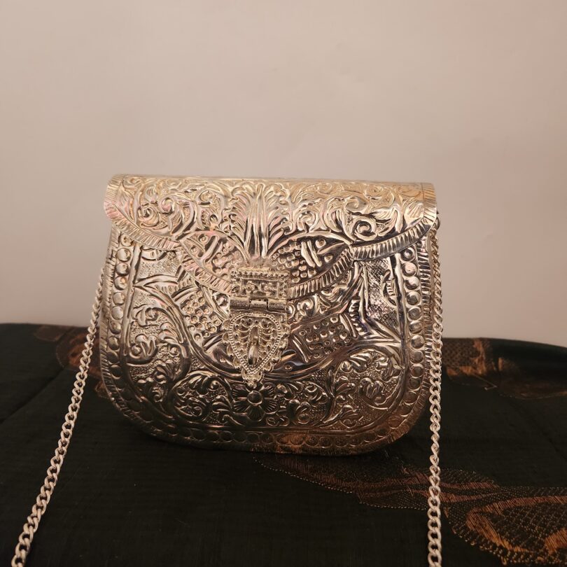 Silver toned Brass Carved Clutch for Women