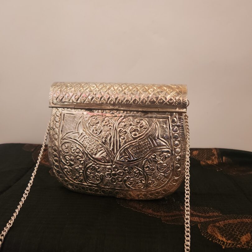 Silver toned Brass Carved Clutch for Women