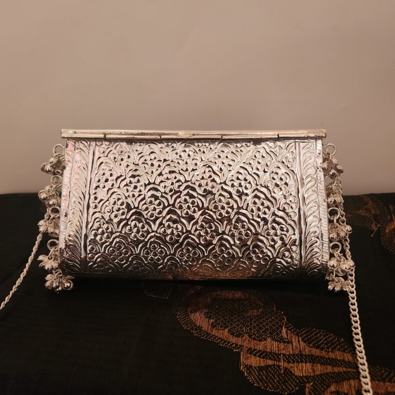 Silver-Black Brass Carved Clutch for Women