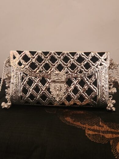 Silver-Black Brass Carved Clutch for Women