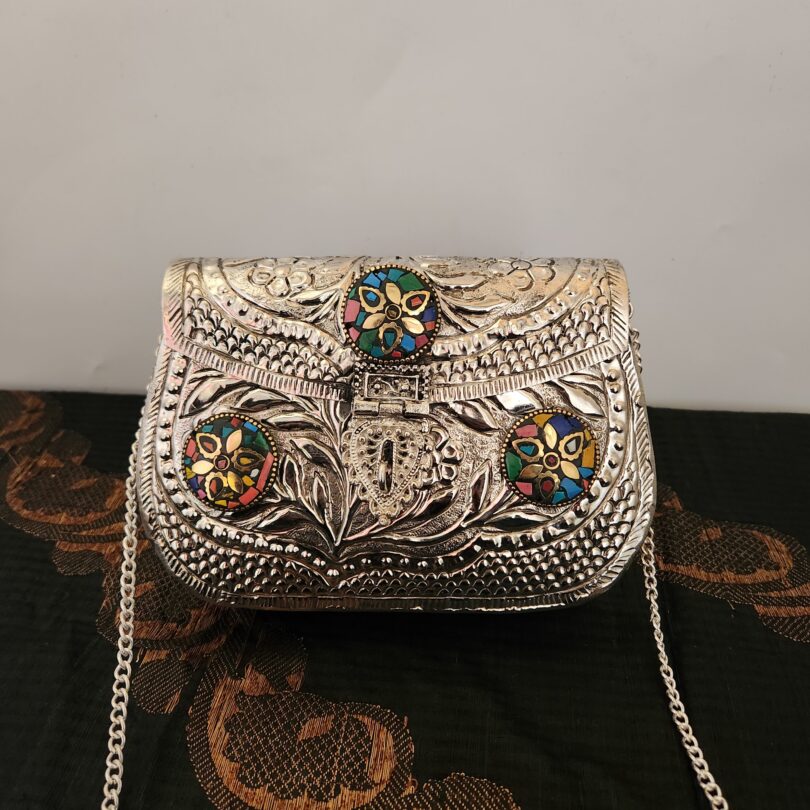 Silver-Decorated Brass Carved Clutch for Women