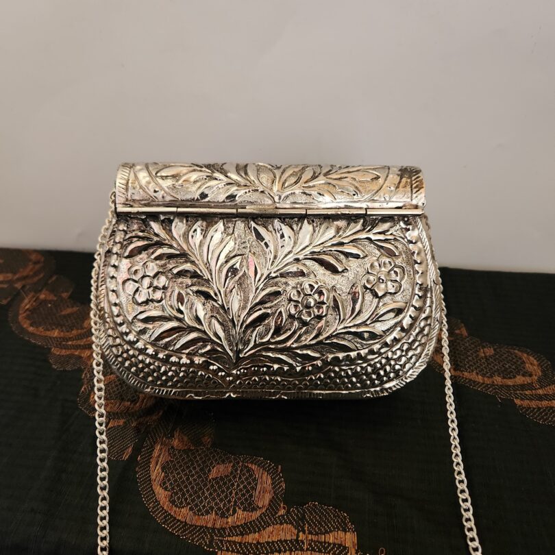 Silver-Decorated Brass Carved Clutch for Women