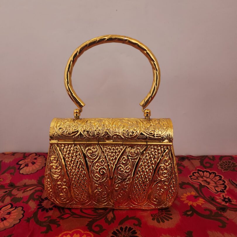Gold Brass Carved Clutch for Women