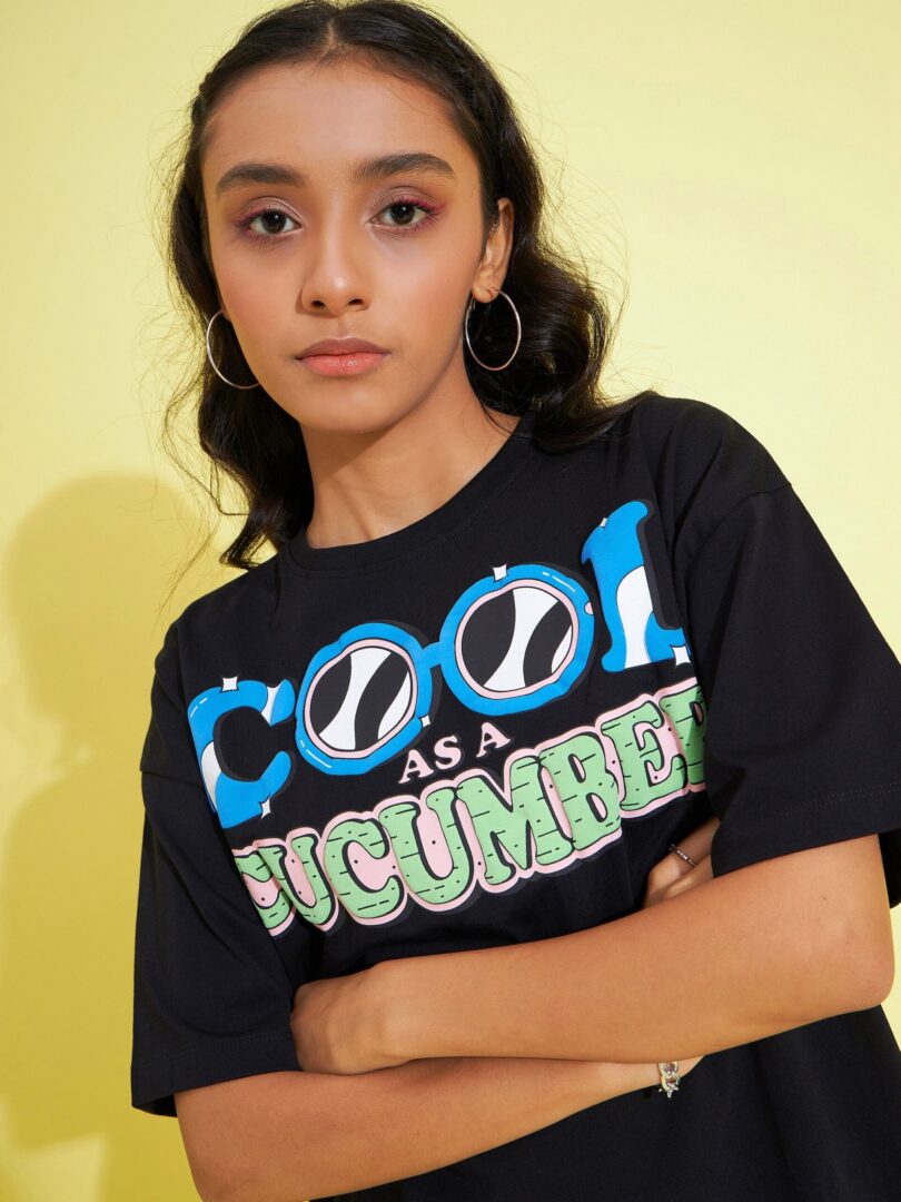 Girls Black Cool Cucumber Oversized T-Shirt