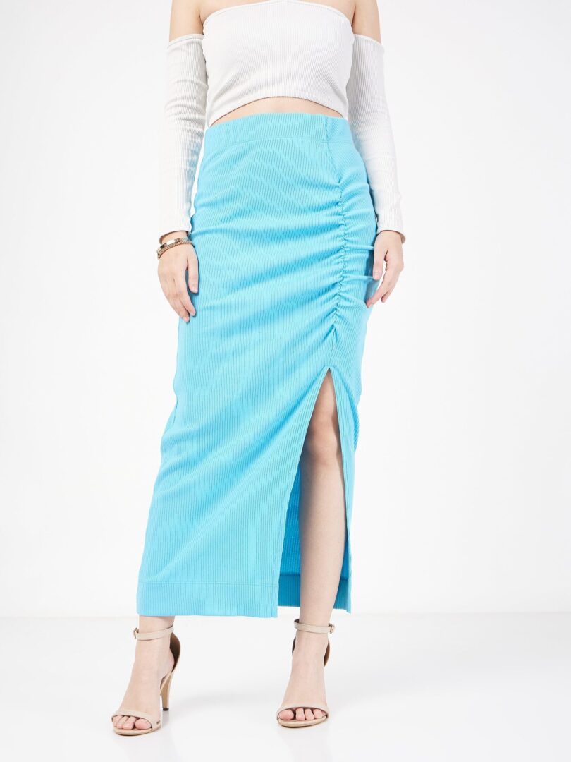 Women Turquoise Rib Front Ruched Midi Skirt