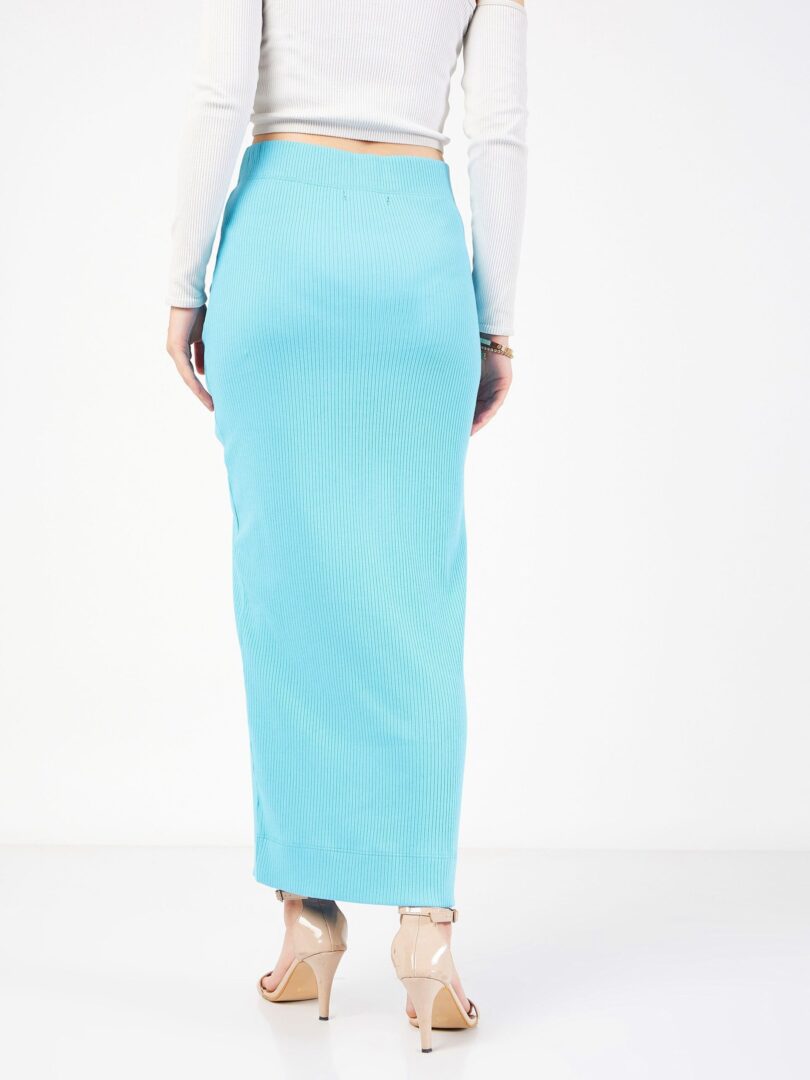 Women Turquoise Rib Front Ruched Midi Skirt