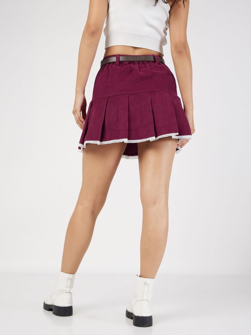 Women Maroon Corduroy Pleated Mini Skirt