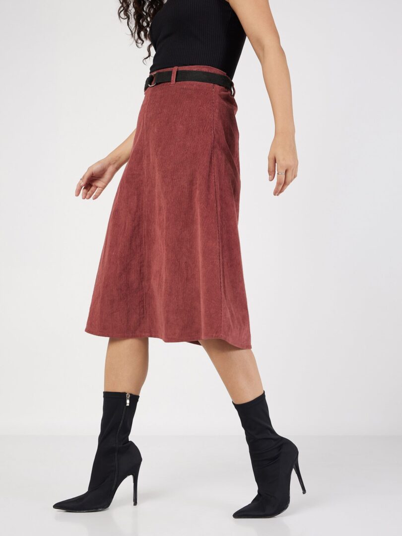 Women Rust Corduroy A-Line Midi Skirt