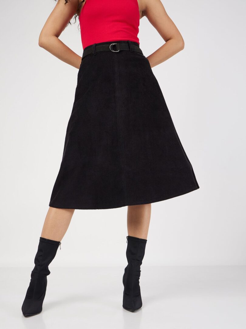 Women Black Corduroy A-Line Midi Skirt