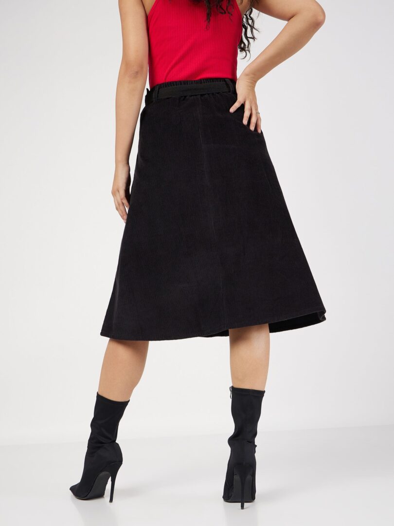 Women Black Corduroy A-Line Midi Skirt