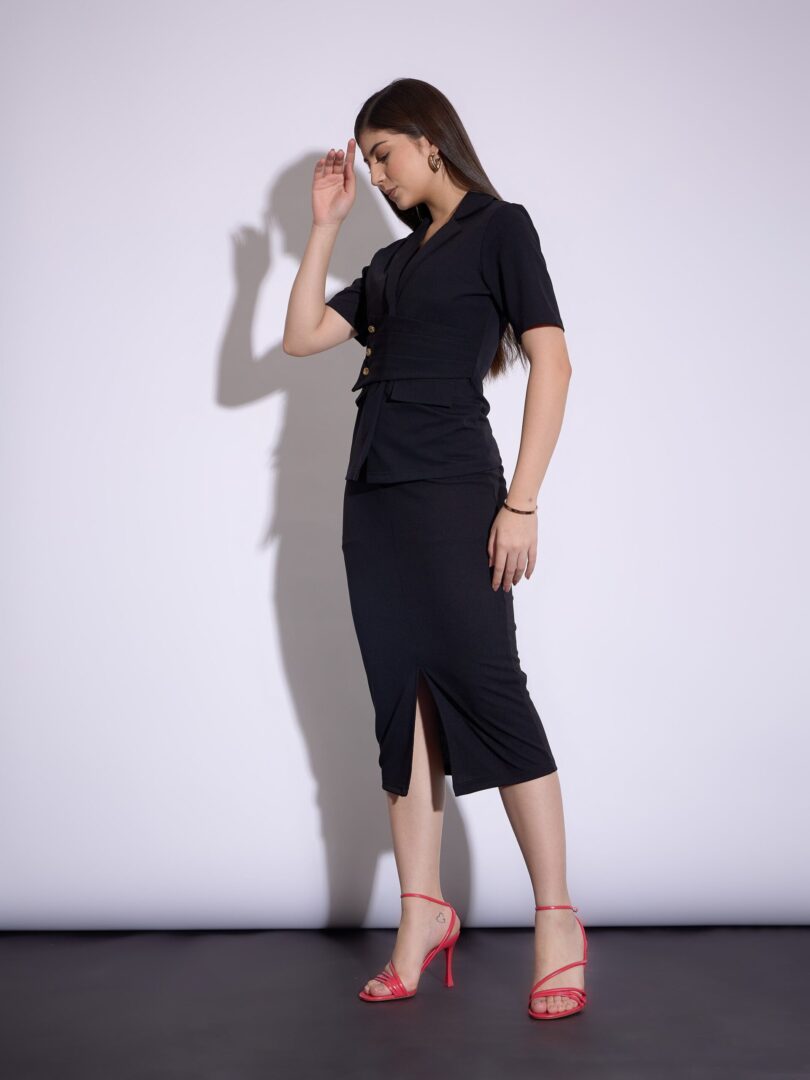 Women Black Front Slit Midi Skirt
