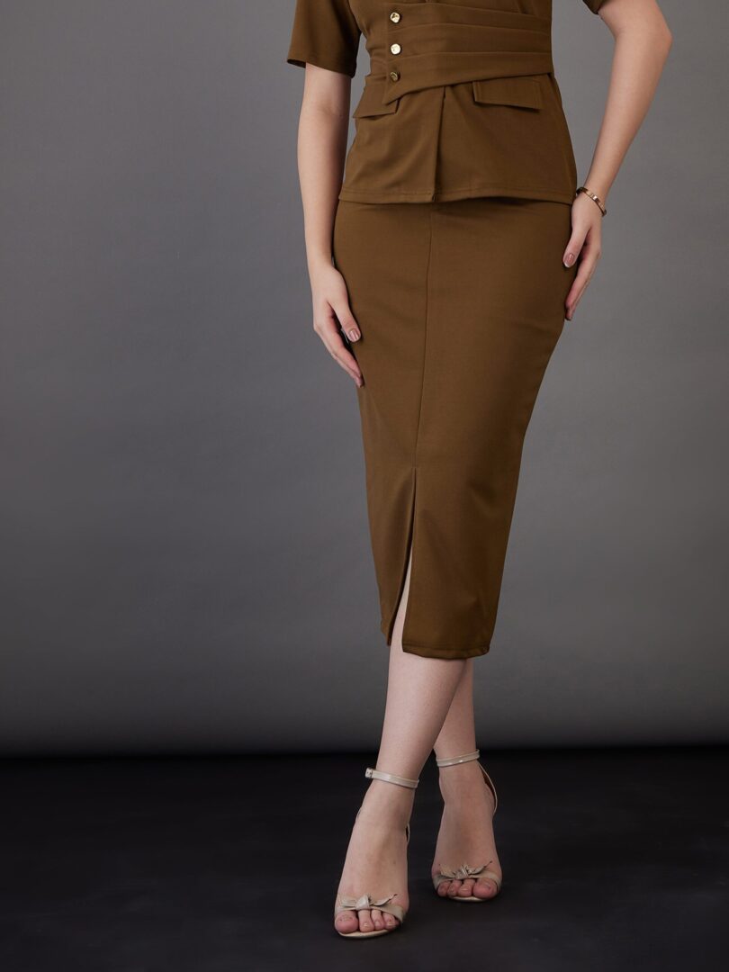 Women Brown Front Slit Midi Skirt