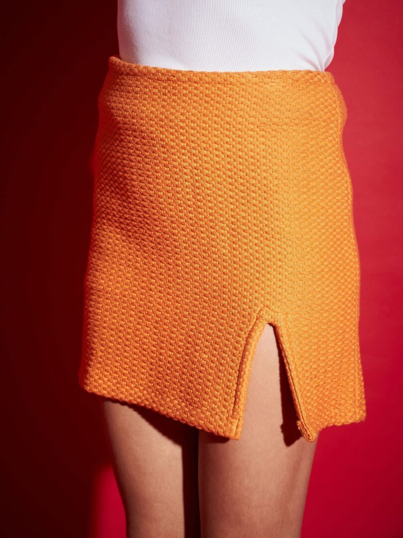Women Mustard Tweed Front Slit Mini Skirt