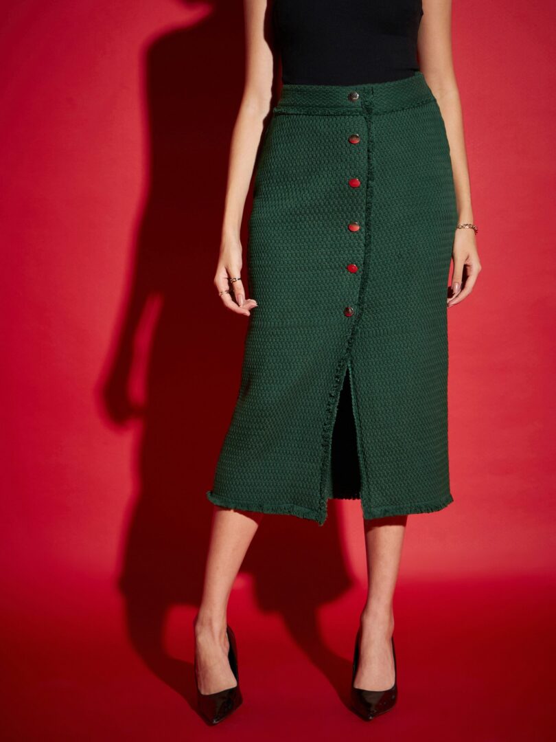 Women Green Tweed Front Button Midi Skirt