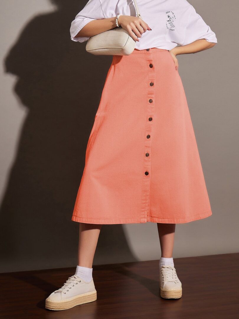 Women Orange Washed Denim A-Line Skirt
