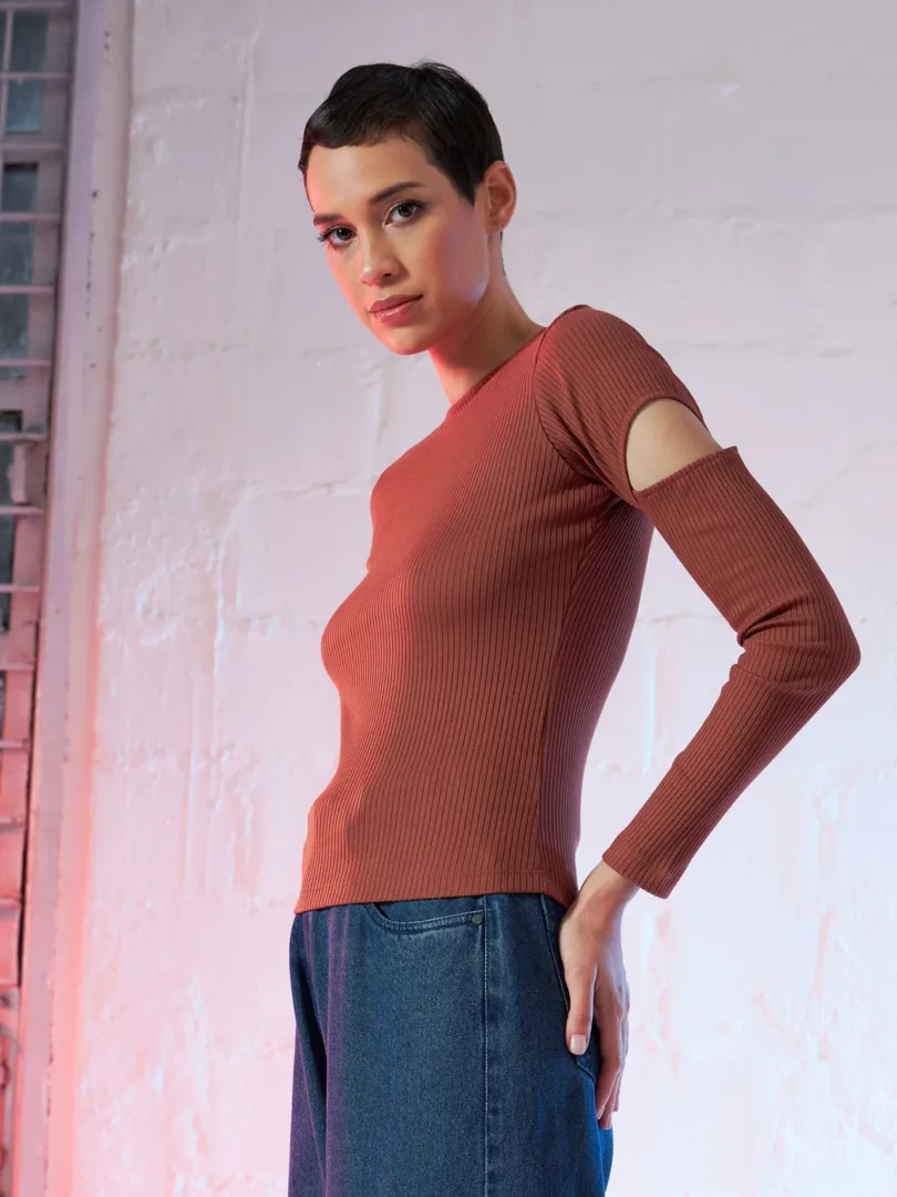 Women Rust Bicep Cut Out Rib Top