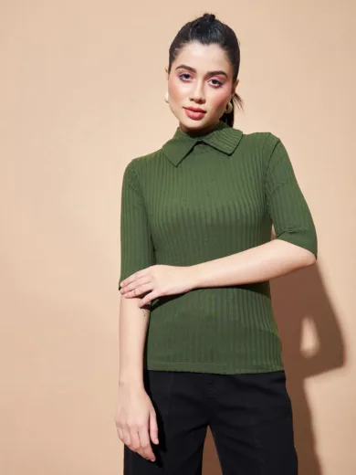Women Olive Stand Up Collar Rib Top