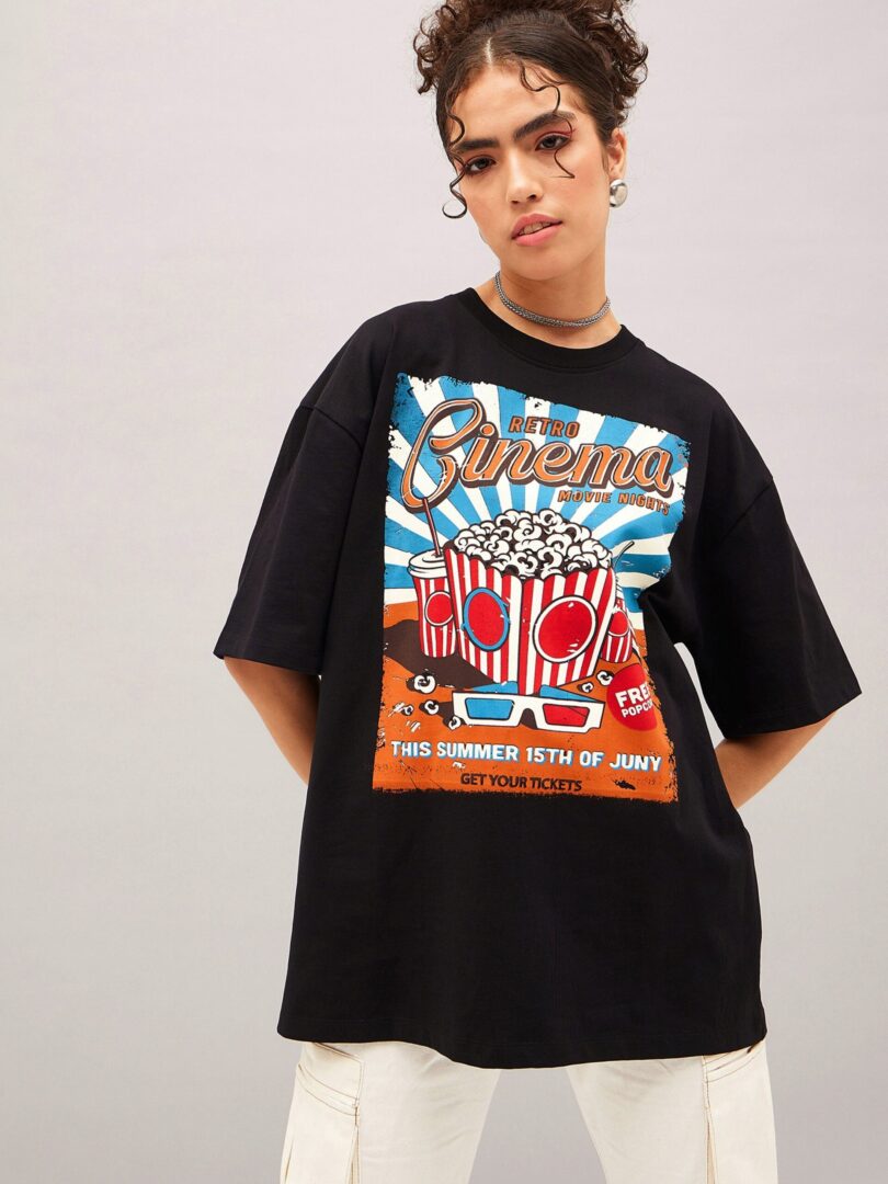 Women Black Retro Cinema Oversized T-shirt