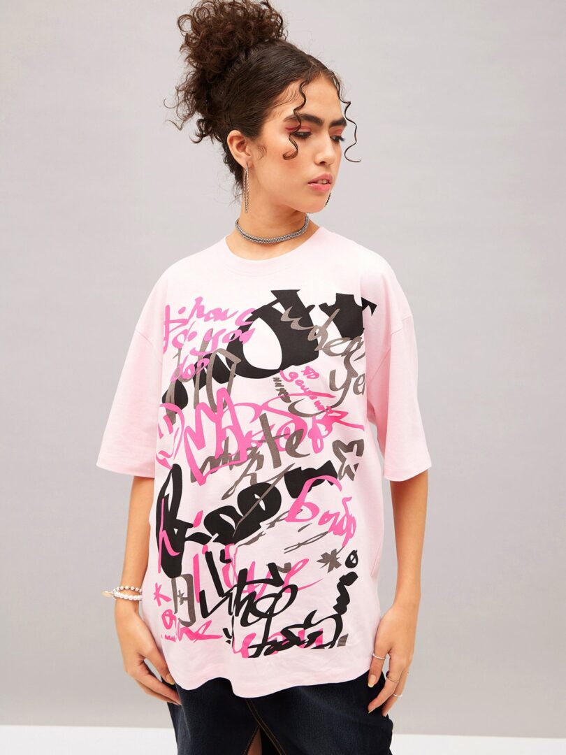 Women Pastel Pink Abstract Print Oversized T-shirt