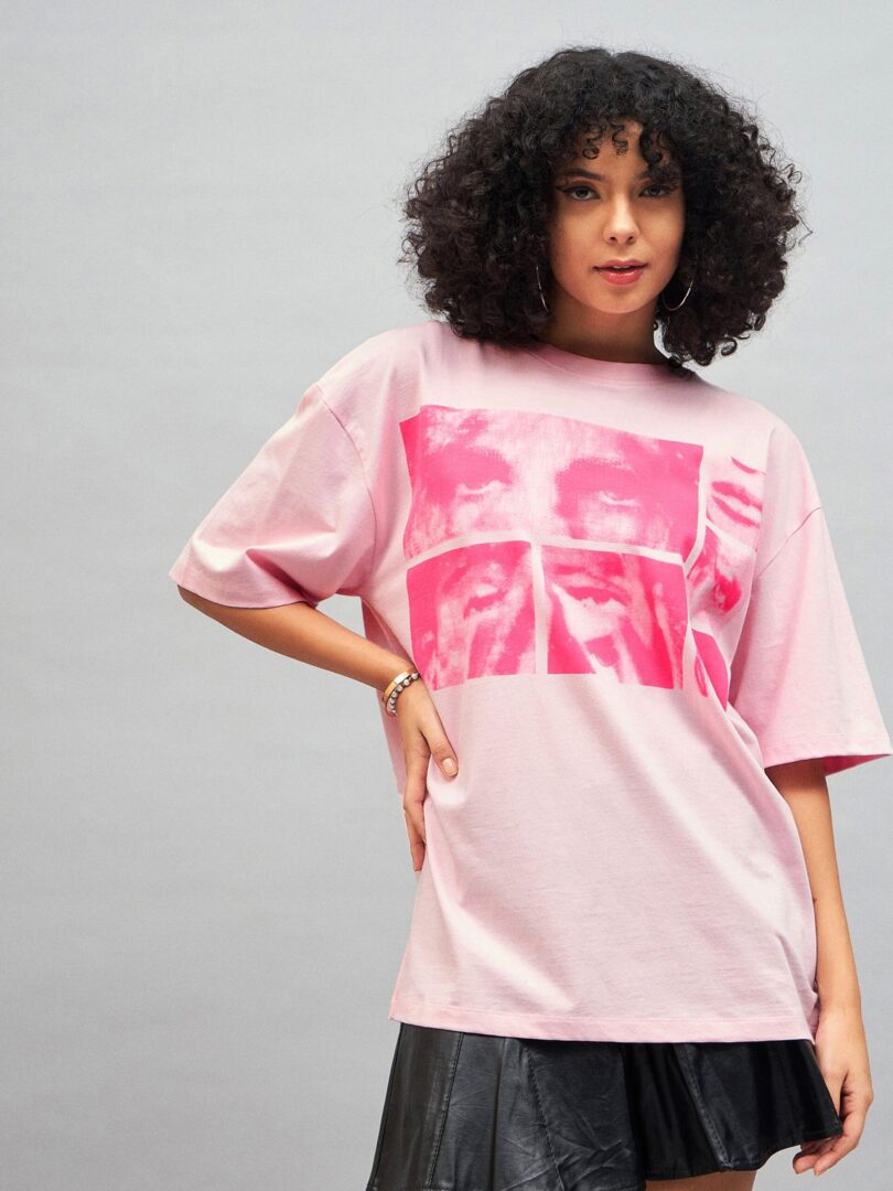 Women Pastel Pink Photographic Print Oversized T-shirt