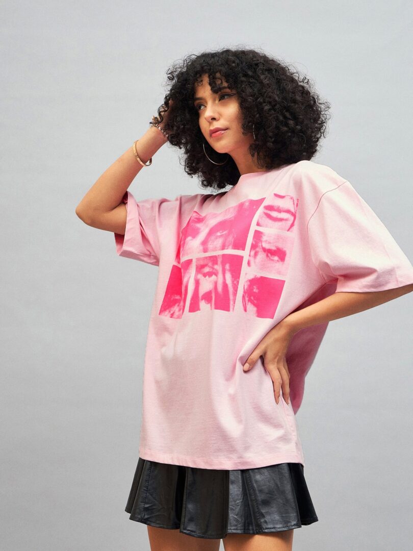 Women Pastel Pink Photographic Print Oversized T-shirt