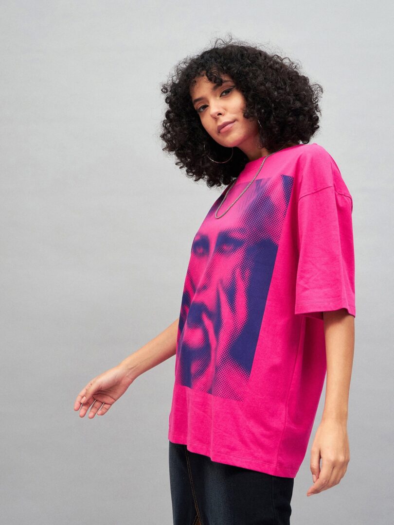 Women Barbie Pink Photographic Print Oversized T-shirt