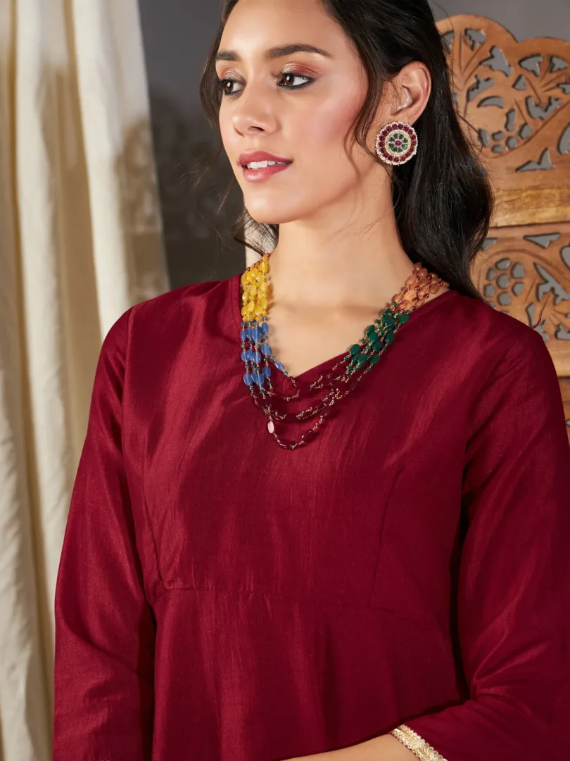 Women Maroon Zari Embroidered Peplum Top