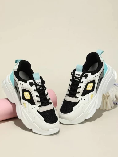 Colorblock Breathable Black Chunky Sneakers For Women & Girls
