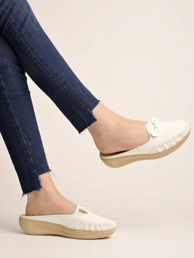 Upper Bow Detailed White Slip-On Loafers For Women & Girls