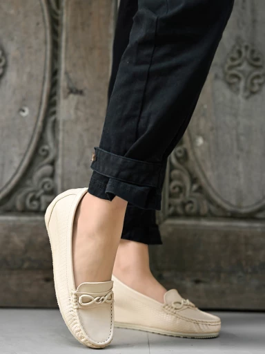 Smart Casual Buckle Detailed Cream Loafers For Women & Girls