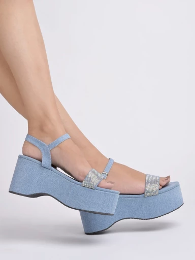 Embellished Denim Blue Platform Heels For Women & Girls