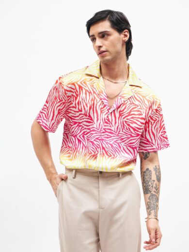 Men Pink Zebra Short Sleeves Satin Shirt