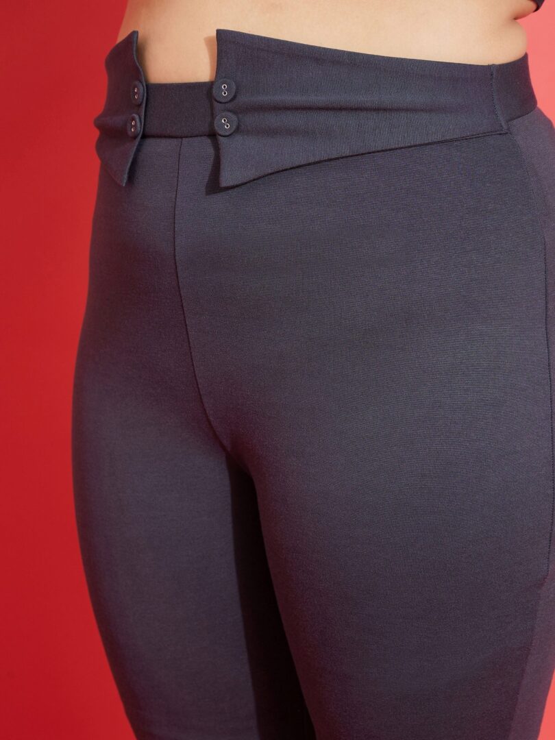 Women Grey Front Button Bell Bottom Trousers