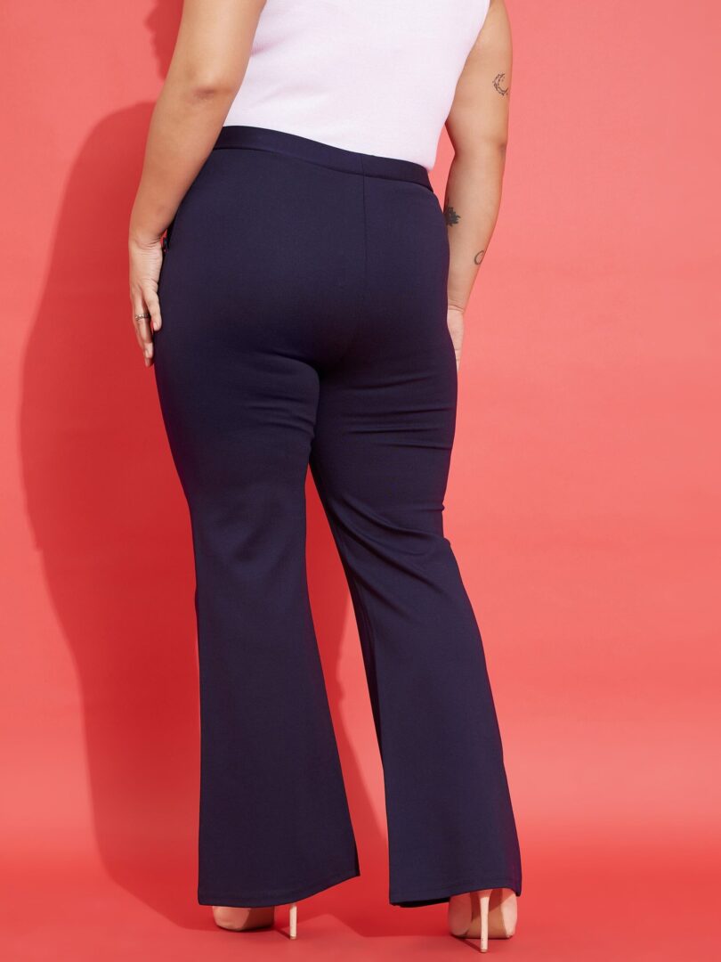 Women Navy Pocket Button Bell Bottom Trousers