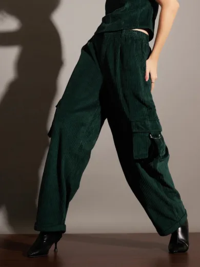 Women Emerald Corduroy Multi Pocket Cargo Pants