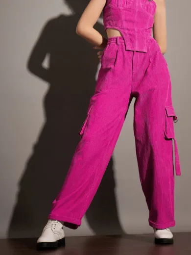 Women Pink Corduroy Multi Pocket Cargo Pants