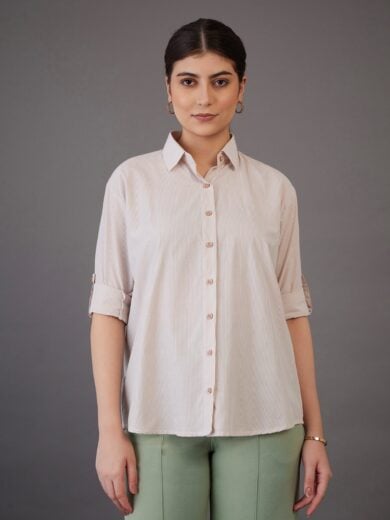 Women Brown Pin Stripes Regular Fit Shirt