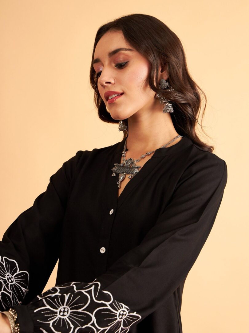 Women Black Rayon Embroidered Shirt