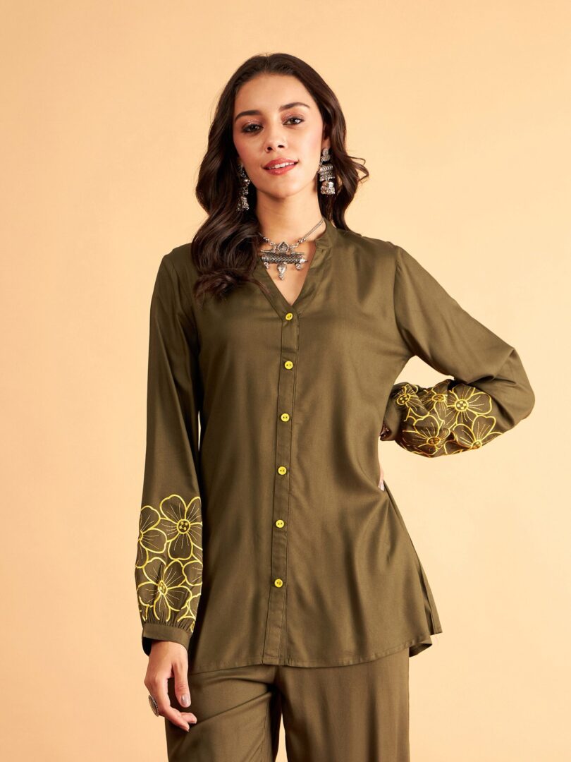 Women Olive Rayon Embroidered Shirt