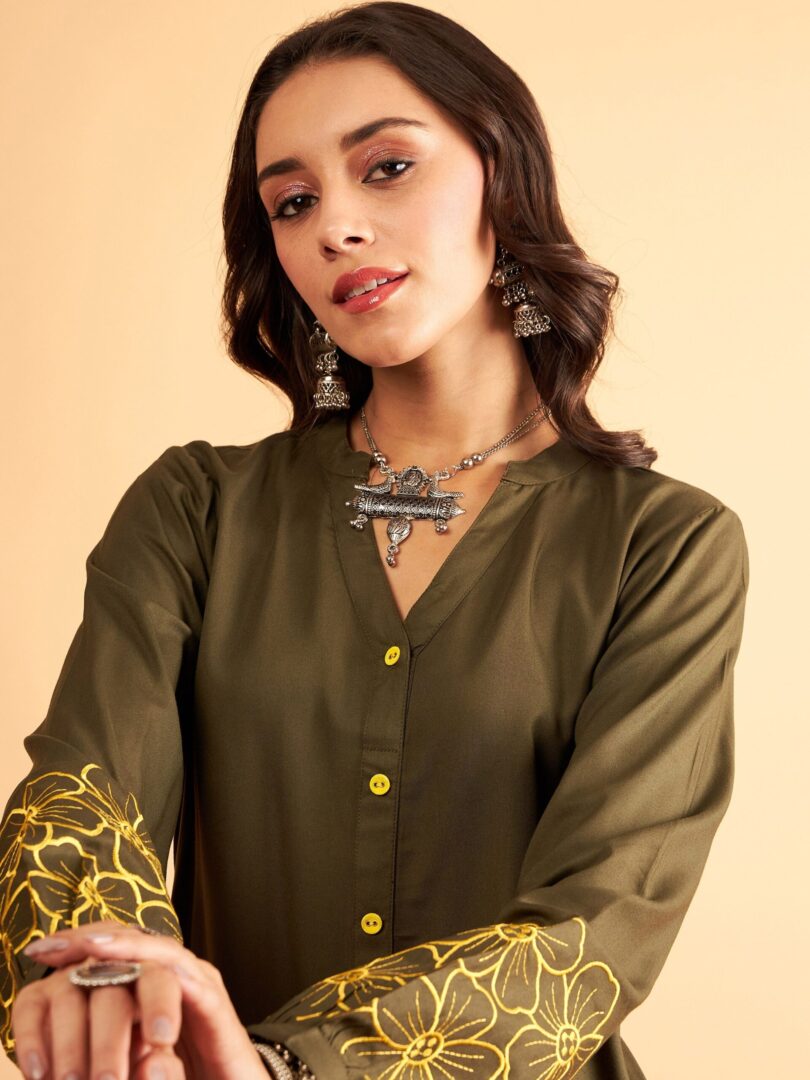 Women Olive Rayon Embroidered Shirt
