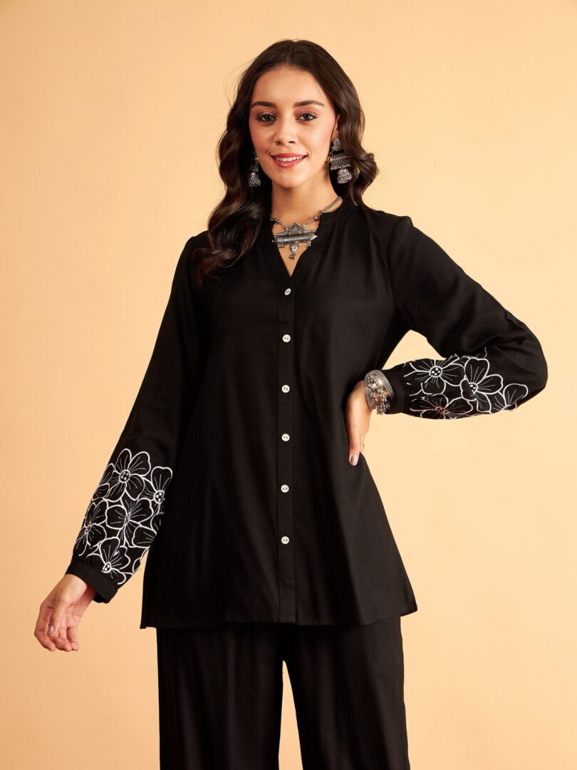 Women Black Rayon Full Sleeves Embroidered Shirt
