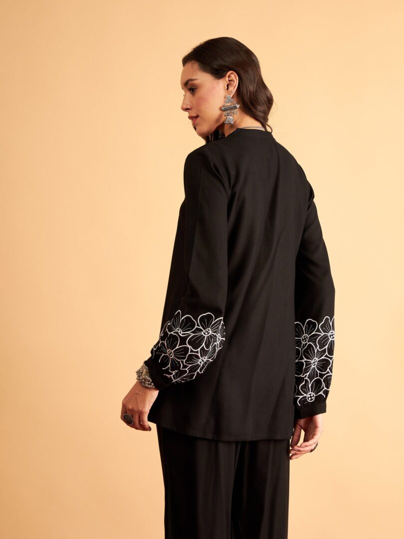 Women Black Rayon Full Sleeves Embroidered Shirt