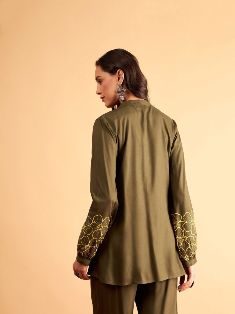 Women Olive Rayon Full Sleeves Embroidered Shirt