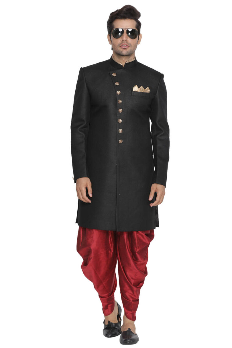 Men's Black Polyester Lurex Blend Sherwani Set