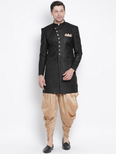 Men's Black Polyester Lurex Blend Sherwani Set