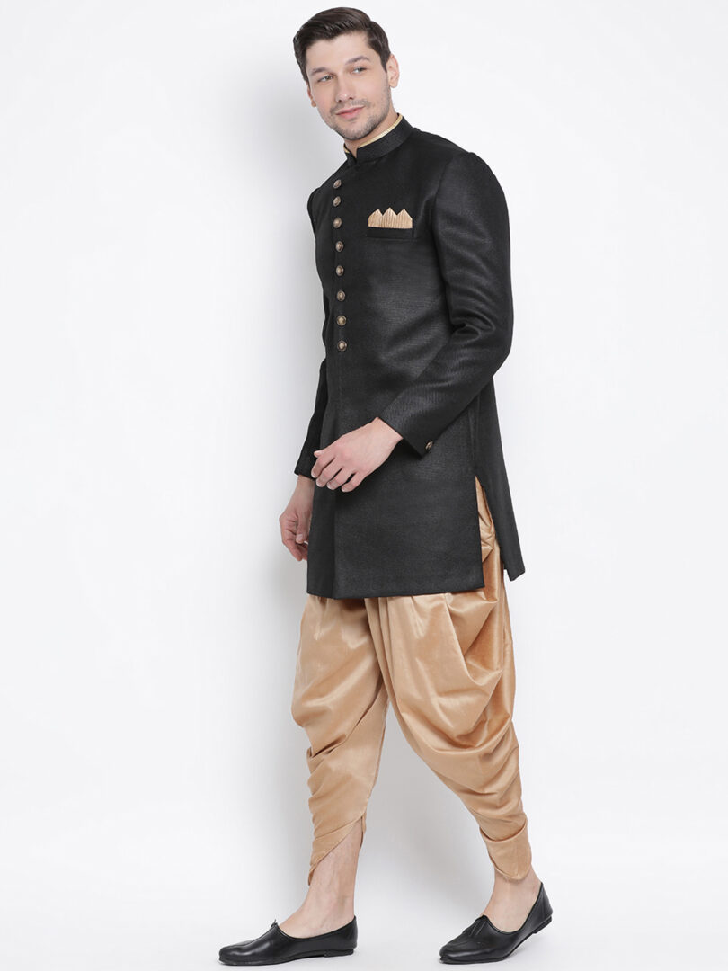 Men's Black Polyester Lurex Blend Sherwani Set