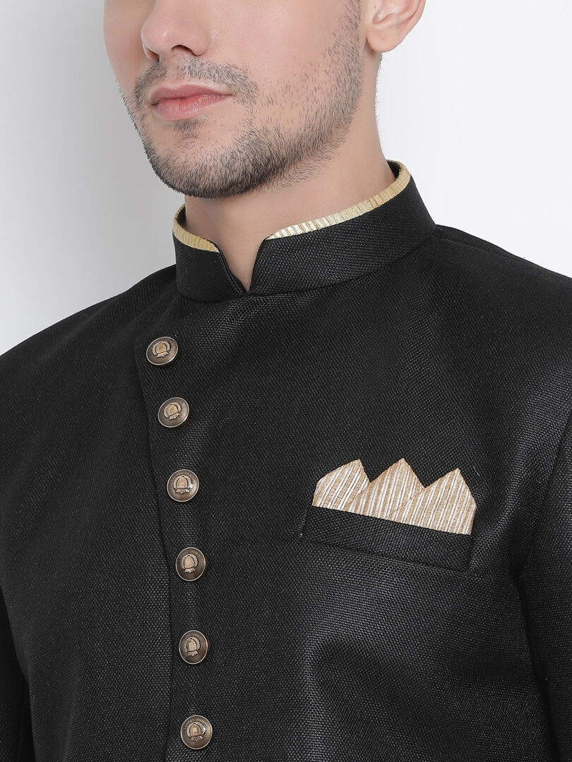 Men's Black Polyester Lurex Blend Sherwani Set