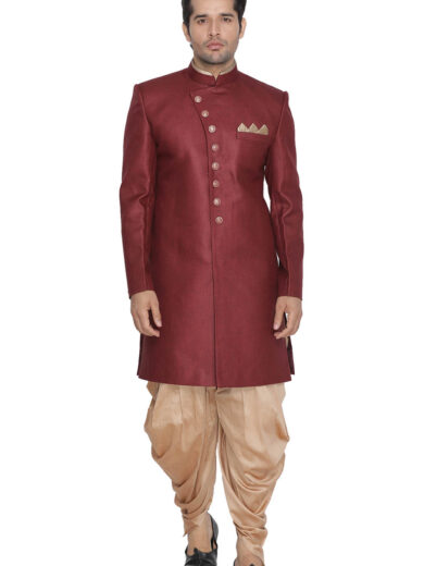 Men's Maroon Polyester Lurex Blend Sherwani Set