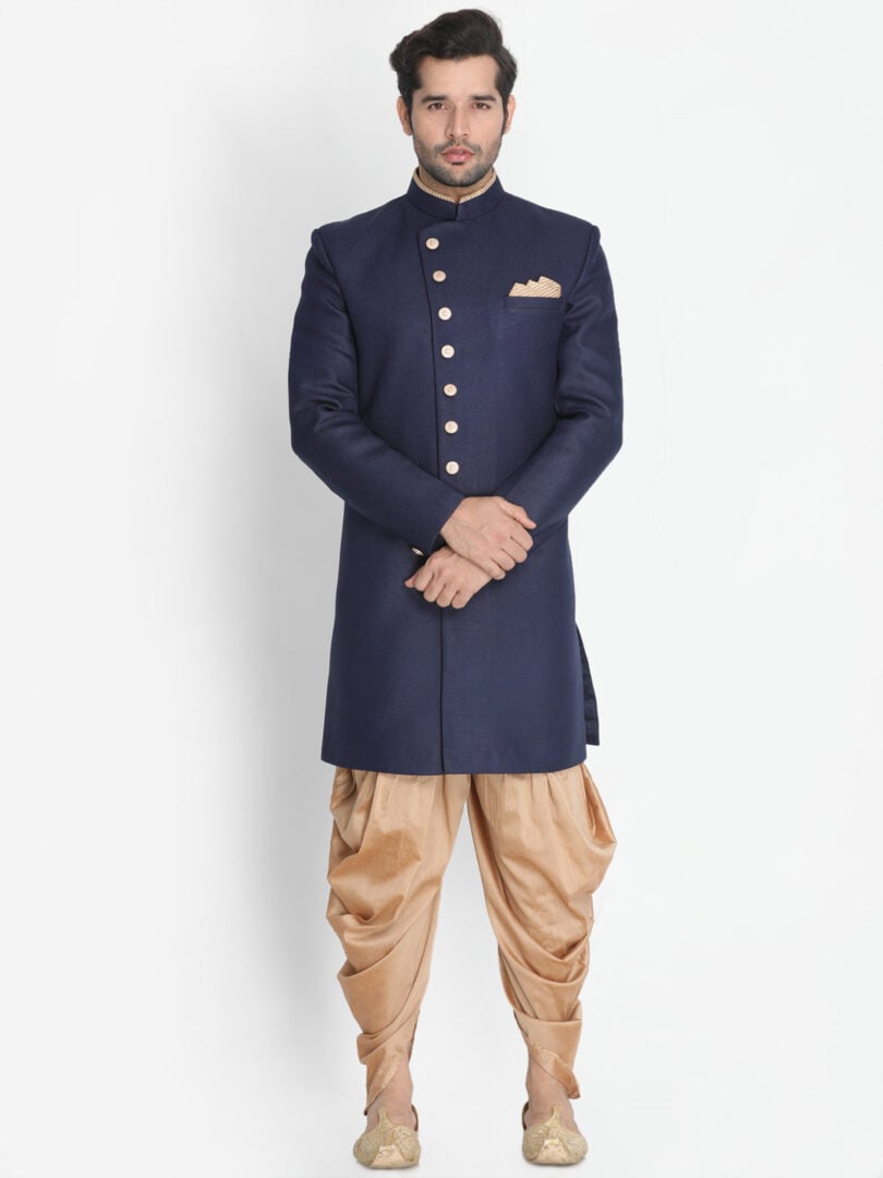 Men's Dark Blue Polyester Lurex Blend Sherwani Set